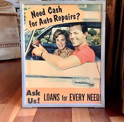 1950s Vintage Poster Advertisement For Auto Repair Loans In Original Metal Frame • $85