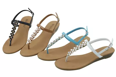 Sunville Women T-Strap Wedge Thong Sandals With Rhinestone Floral Decor • $12.50