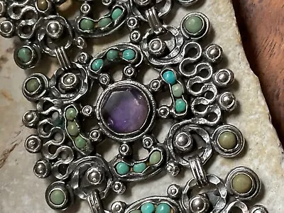 Old Matl Style Old Mexico Old Pawn AWESOME Silver Turquoise Amethyst Bracelet  • $675