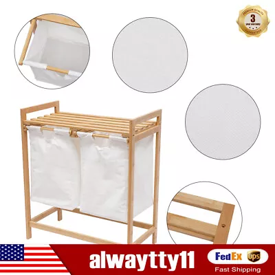 Bamboo Frame Laundry Hamper With Dual Basket Two-Sections Removable Laundry Bags • $37.05