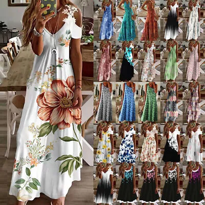 £15.59 • Buy Womens Summer Boho Maxi Dress Ladies Holiday Beach  Casual Loose A-Line Sundress