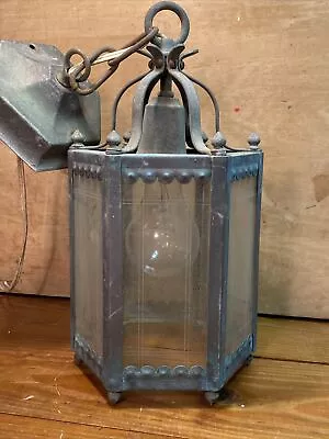 Antique Brass Copper Leaded Glass Tudor Arts & Crafts Pendant Light Porch Hall • $125