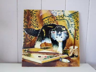 Decorative Ceramic Tile / Plaque Cat Interested In Paints Artist Signed MM VGC • £6