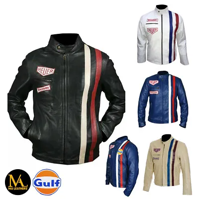 $129.88 • Buy Mens Le Man Steve McQueen Real Leather Jacket Racing Stripes With Gulf Patches