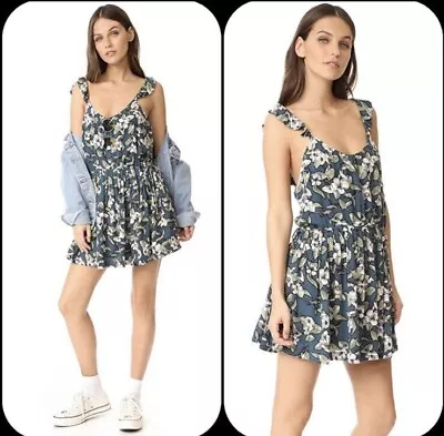 Free People Dear You Floral Ruffle Sleeve Swing Mini Sun Dress Blue M Small Flaw • $18.27