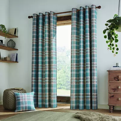 Teal Catherine Lansfield Tweed Woven Check Eyelet Ring Top Curtains Pair • £28.99