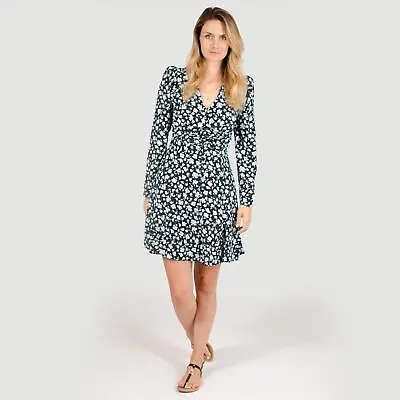 £13.99 • Buy DOROTHY PERKINS Floral Dress Black Blue Fit And Flare Long Sleeve Rushed Front