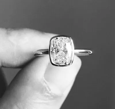 2Ct Cushion Cut Moissanite Wedding Solitaire Bezel Ring 925 Sterling Silver SZ 6 • $70.08