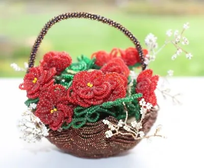  Vintage Decorative Handmade Seed Bead Red Flowers And Brown Beaded Basket  • $85