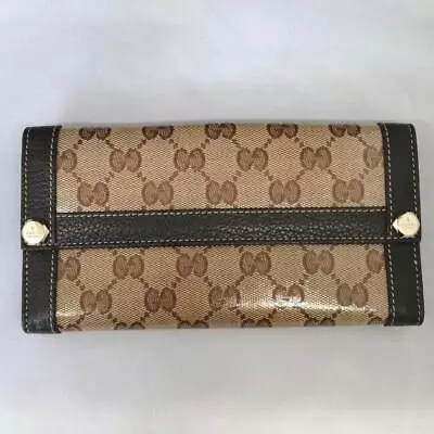 GUCCI GG Crystal Canvas PVC Leather Long Bifold Wallet Brown Beige • $359