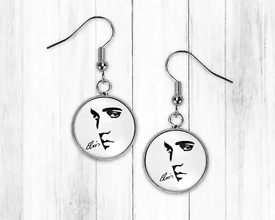 Elvis Presley Silver Earrings Glass Charm Monochrome Rock Roll King Gift Idea • $8.99