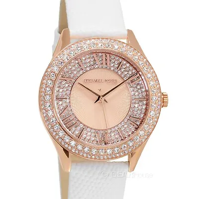 Michael Kors Harlowe Womens Pave Glitz Watch Rose Gold Dial White Leather Band • $111.39