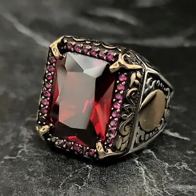 Men Silver Square Red Stone Ring  Men Handmade Ring  Red Ruby Color Handmade • $62