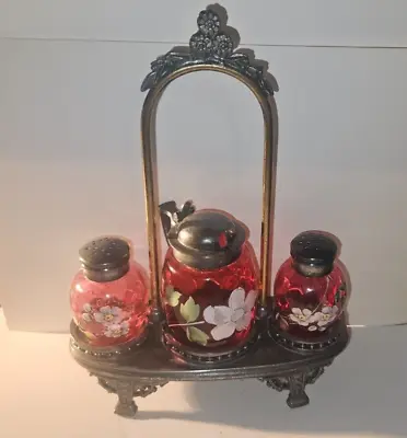 Antique Meriden B Company Victorian Cruet Set Painted Cranberry Glass Shakers • $329.99