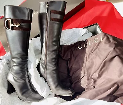 £150 • Buy Gucci Brown Leather Knee High Boots With Signature Buckles EU36 UK3.5