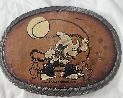 Vintage Mickey Mouse Walt Disney Productions Cowboy Belt Buckle Leather • $32.99