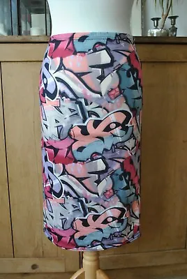 New Ribbon Graffiti Multi-Coloured Stylish Midi Pencil Skirt Size UK 10 • £13