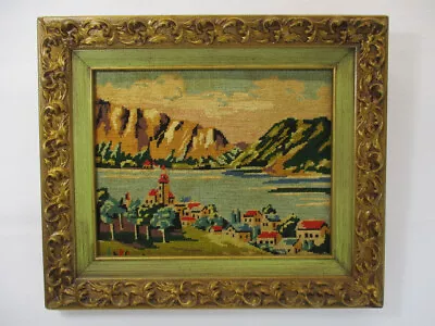 Vtg Fine NEEDLEPOINT Embroidery Village Mountains Complete 1968 Framed 1972 MCM • $44.99