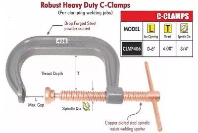 C-Clamp 6  Opening Heavy Duty Drop Forged Steel Powder Coated C Clamp 4  Throat • $57.17