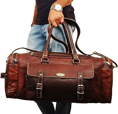 Men's 24  Genuine Vintage Leather Brown Luggage Weekend Duffel Gym Travel Bag • $82.41