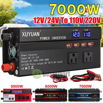 7000W Pure Sine Wave Power Inverter DC 12V 24V To AC 110V 220V Voltage Converter • $72.83