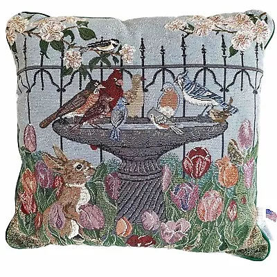 VTG Tapestry Throw Pillow Riverdale Spring Easter Birds Bunny Rabbit Floral USA • $20.36