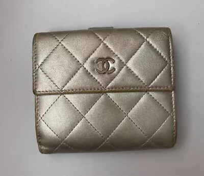 Authentic Chanel Matelasse Compact Wallet Silver Color CoCo Mark Snap Button • £197.81