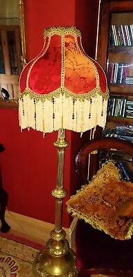 Drawing Room Victorian Glass Beaded Lampshade Brick Red & Bronze Gold Damask 17  • £239