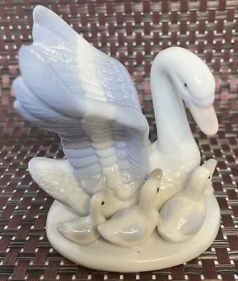 Mother Swan 3 Babies Cygnets Blue White Porcelain Figurine VTG Lladro Style • $17.45