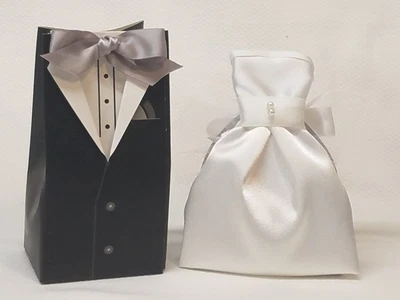 $40 • Buy SET  Of   WHITE WEDDING DRESS     BLACK TUXEDO JACKET    GRAY BOW TIE
