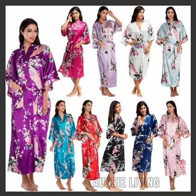 $14.95 • Buy WA_003 FLORAL SATIN ROBE Kimono Dressing Gown Wedding Bride Bridesmaid Party