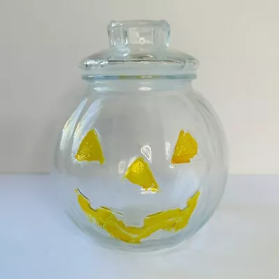 Vintage Libbey Clear Glass Jack-O-Lantern/Pumpkin Container With Lid Halloween • $17.90