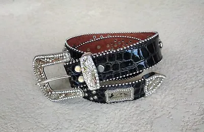 Montana West Leather  Belt Black Rhinestones Stars Sz XS Bling Silver Tone • $22