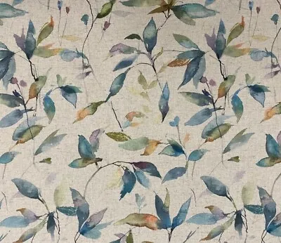 Teal & Ochre Floral Leaf Linen Fabric  Curtain BlindUpholstery • £2.69