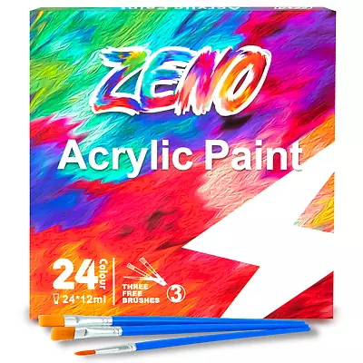 ACRYLIC PAINT SET TUBE 24 X 12ML 3 FREE BRUSHES PERFECT FOR CANVAS WOOD CERAMIC • £6.95