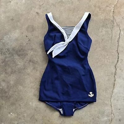 Vintage 50’s 60’s Navy Blue Nautical Marine Sailor PinUp Swimsuit Pedigree • $49.88