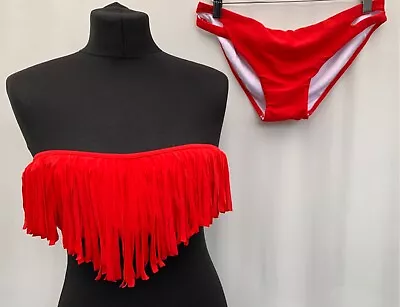 Bikini 2 Piece Size L Red Tassels Padded Tie Back NEW Nylon Blend Womens  • £9.59