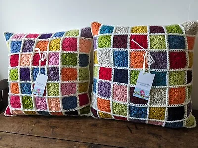 Handmade Crocheted 18ins Square Patchwork Cushions Complete With Inner Pad • £25