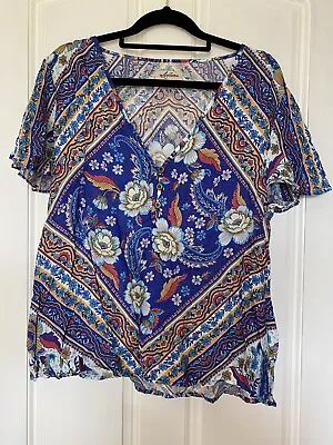 $25 • Buy Arnhem Azalea Short Flutter Sleeve Blue Floral Blouse Top - Size 8