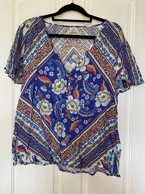 $25 • Buy Arnhem Azalea Short Flutter Sleeve Blue Floral Blouse Top - Size 8