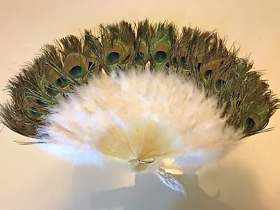 Vintage Peacock & Marabou Feather Fan 2-Sided Folding Tassel 14x24  White Blue • $24.99