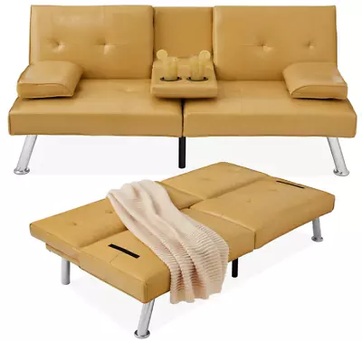 Convertible Futon Sofa Bed Sleeper Recliner Couch Living Room Leather Yellow New • $239.99