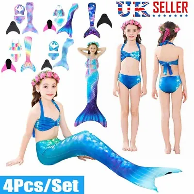 Girls  Mermaid Tail Swimwear Girls Swimsuit Swimming Bikini Costume 4 Piece Set • £11.65