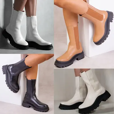 £19.99 • Buy Womens Mid Calf Chelsea Boots Chunky Platform Ankle Elasticated Winter Shoes New