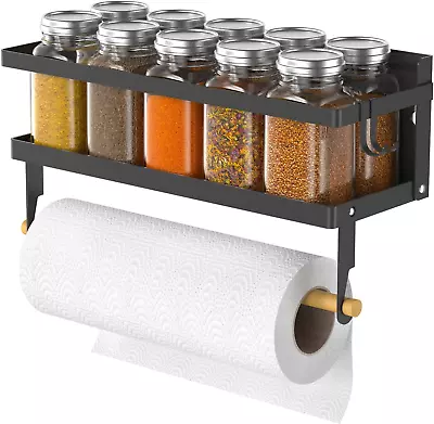 Spice Rack Magnetic Shelf With Paper Towel Holder Roll And Hooks Foldable Refri • £22.99