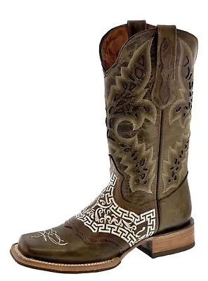 Mens Western Wear Cowboy Boots Light Brown Embroidered Leather Botas Size 10 11 • $139.99