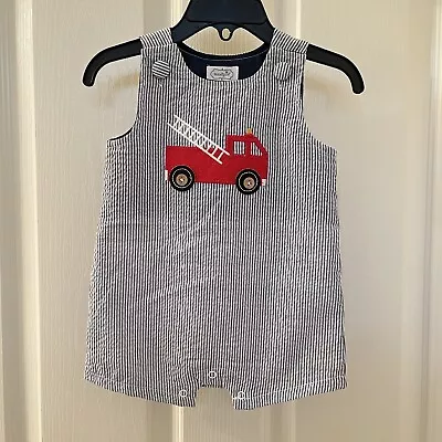 Mud Pie Firetruck Applique Jon Jon Romper Seersucker Boys Size 6-9 Months NWT • $29.99