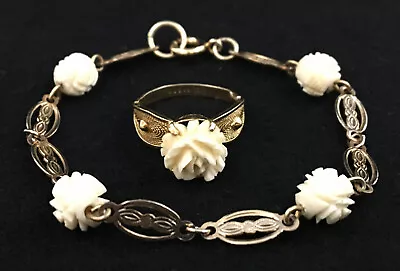 Bracelet Ring Set Carved Faux Coral Roses Filigree 12k Gold Flat Links Vintage • $19.95