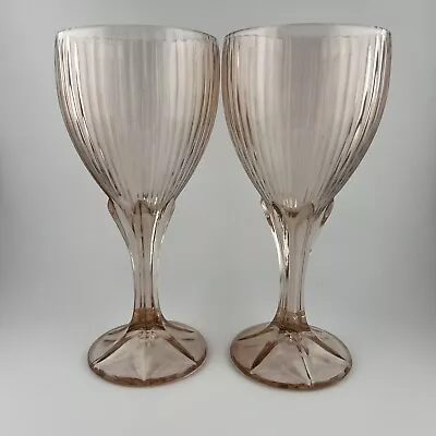 Fostoria Pink/ Peach Monet Wine Water Heavy Glasses Goblets Vintage Set Of 2 • $24.99