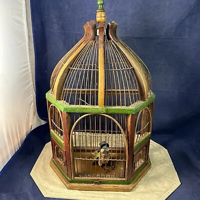 Vintage Primitive 1/2 Octagonal Painted Wood/Metal Bird Cage Decor And Figure • $155